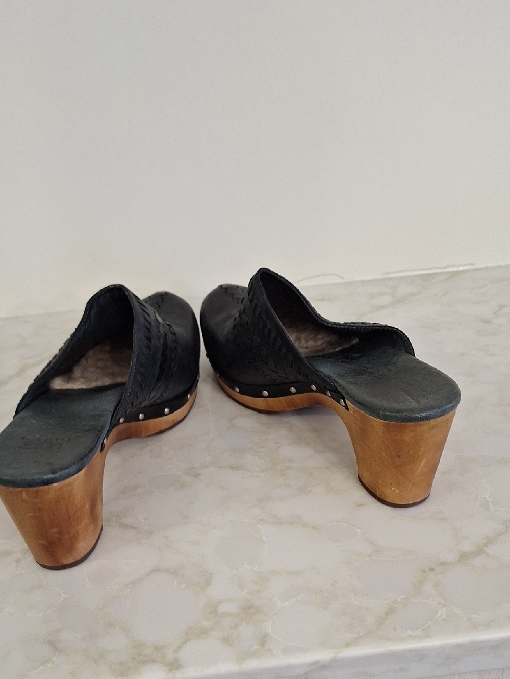 UGG Black Leather Clogs with Wood Platform